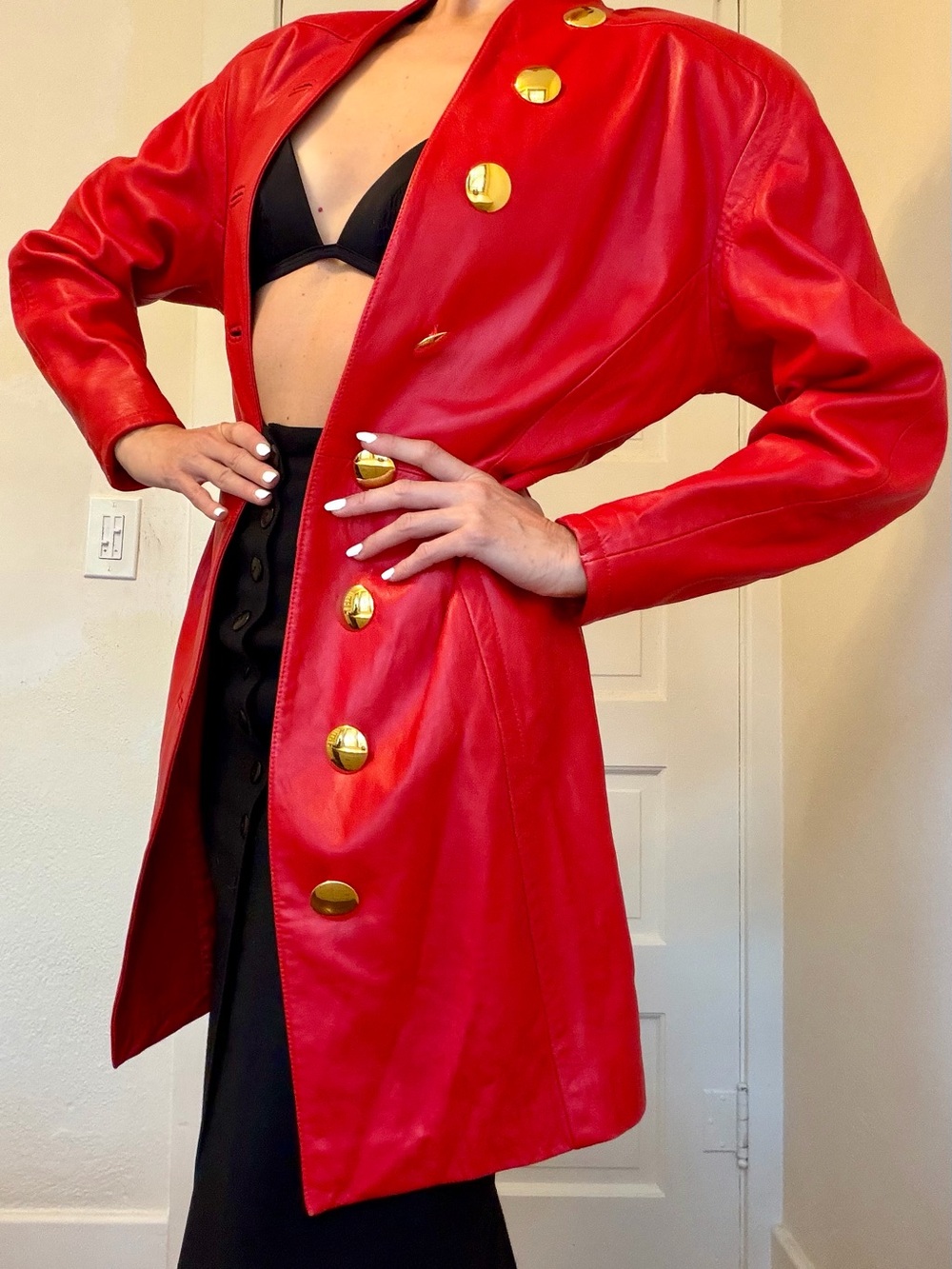 Red Leather Coat with Gold Buttons - Women Jackets & Coats
